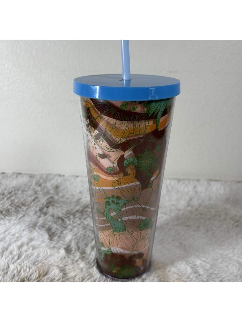 Starbucks Floral Cold Cup 24 oz Blue Lid Straw Tumbler Reusable - Picture 4 of 9